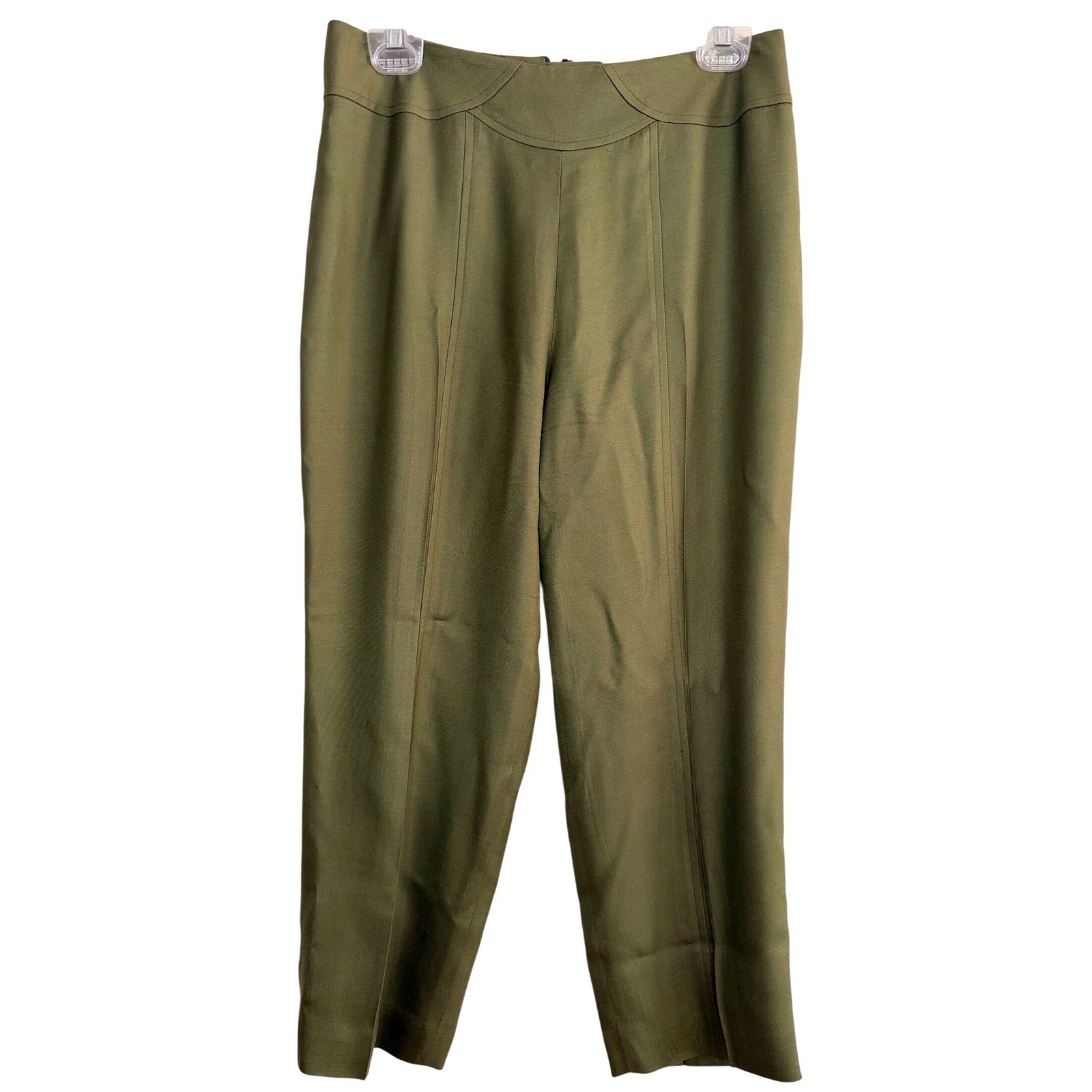 Old Money Silk Wool Trousers Size 6 Olive Green Scallop Tapered High End Vintage